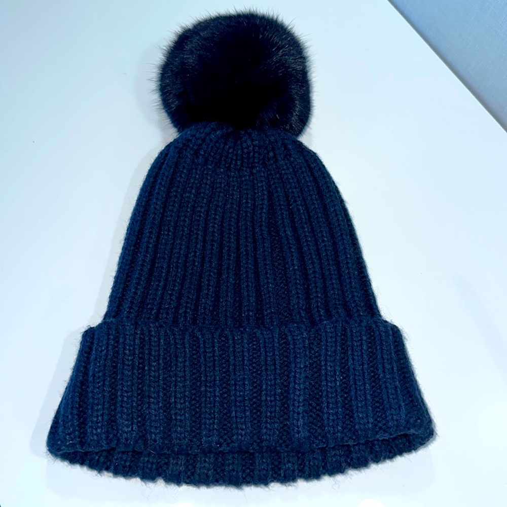 ADRIENNE LANDAU NAVY HAT WITH RABBIT POM POM
